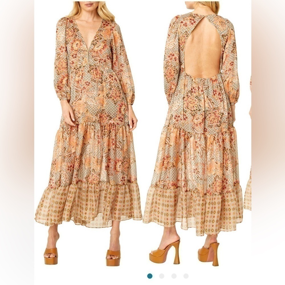MISA Anahita Floral Medallion Chiffon Midi Dress